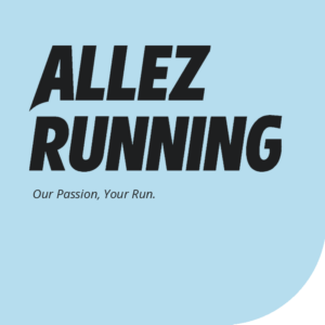 Allez Running logo with slogan on blue background