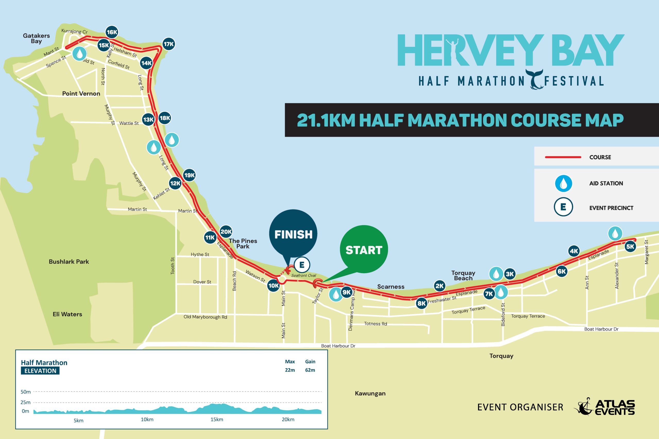 Hervey Bay Half Marathon 21.1km course map